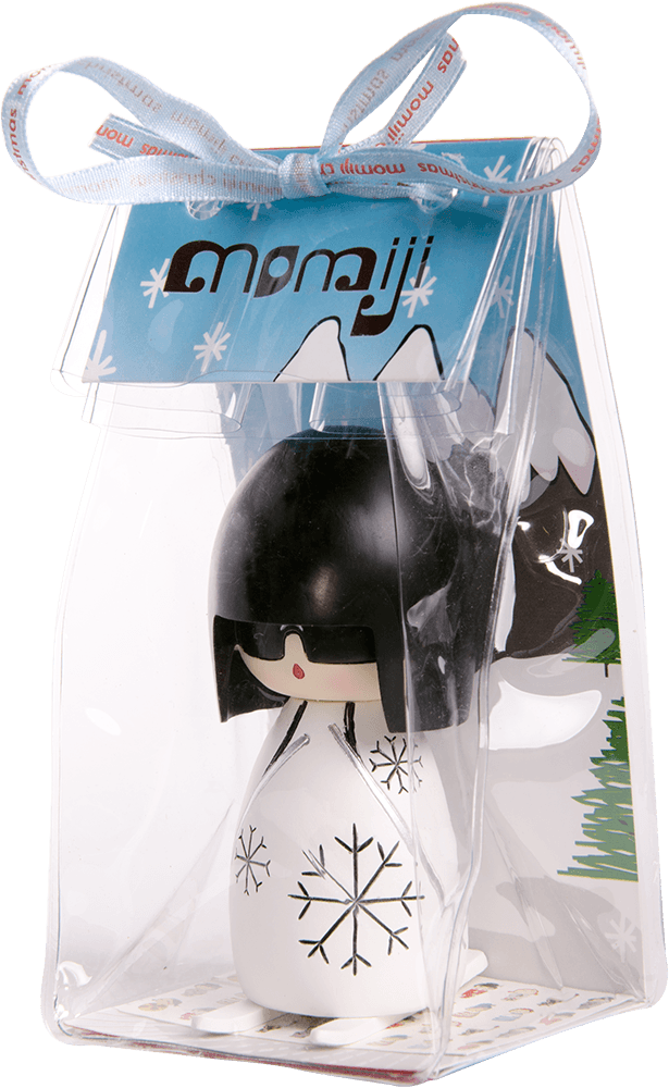 Woosh Momiji doll with black hair, white dress decorated with black snowflakes, in gift box tied with blue ribbon and tag. — Momiji Doll