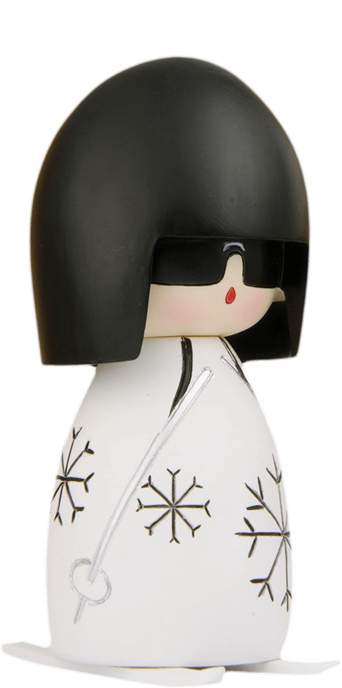 Woosh is a Momiji doll with a black bob, sunglasses, and a white outfit decorated with black snowflake patterns. — Momiji Doll