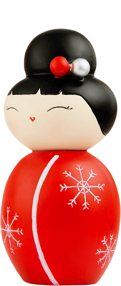Missy Flake Momiji doll: red and white, black hair in a bun, snowflake patterns, small smile. Collectible with secret message. — Momiji Doll