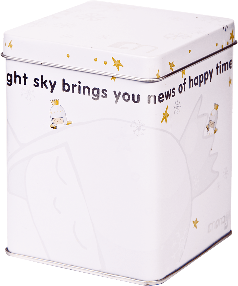 Angel Momiji doll: White tin box with kawaii Angel Momiji dolls, stars, and "night sky brings you news of happy time" print. — Momiji Doll