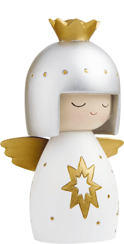 Angel Momiji doll with golden wings, crown, and a white robe decorated with a gold star; collectible and hides secret message. — Momiji Doll