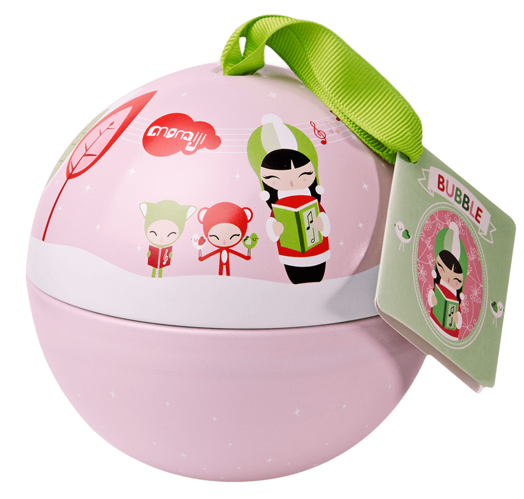 Round pink “Bubble” Momiji doll ornament with kawaii characters, green ribbon; perfect for any Momiji doll fan. — Momiji Doll