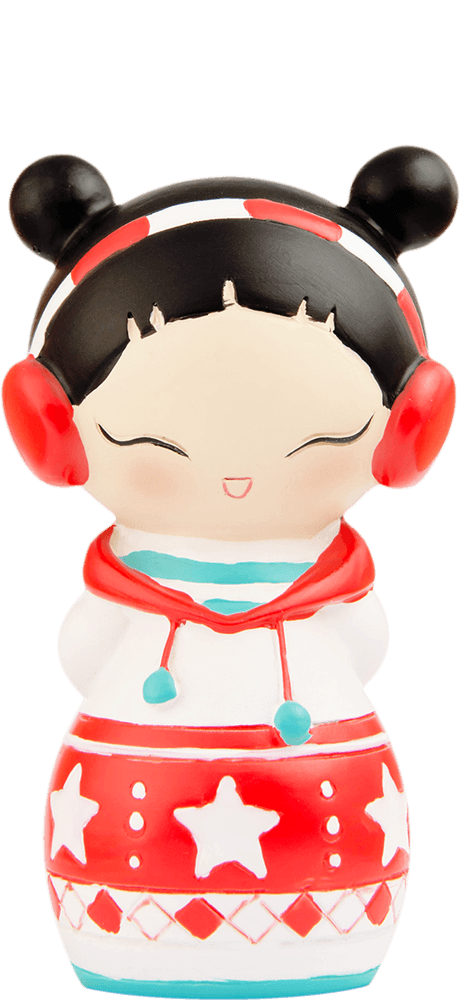 Belle Momiji doll with black hair buns, red earmuffs, and a red-and-white dress decorated with stars and playful patterns. — Momiji Doll
