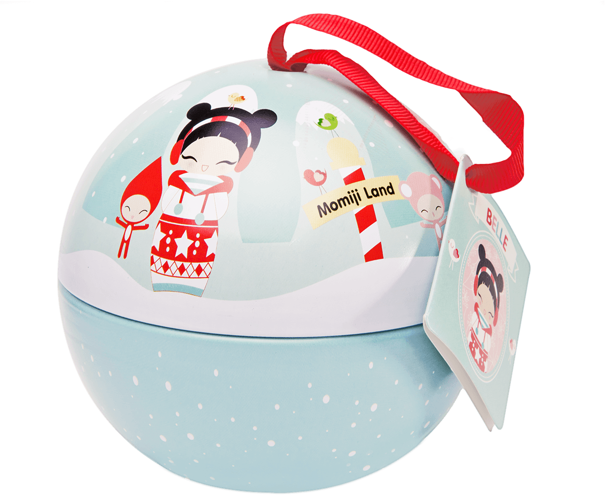 Belle Momiji doll ornament in light blue with red ribbon, cartoon details, and snowy sign—collectible holiday gift. — Momiji Doll