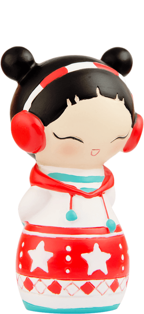 Belle Momiji doll with black hair in buns, red earmuffs, and a starry red-and-white outfit. — Momiji Doll