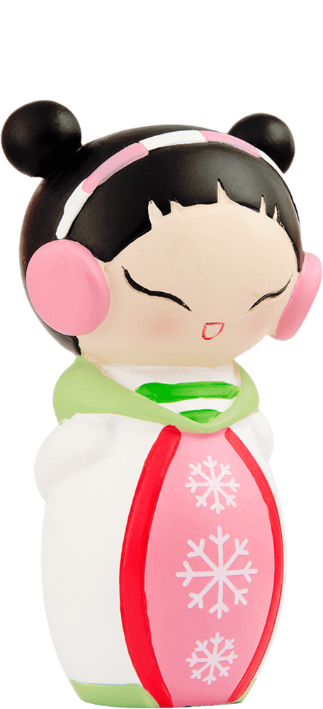 Blushes Momiji doll with black hair, pink earmuffs, white robe with red trim and snowflake patterns. Secret message inside. — Momiji Doll