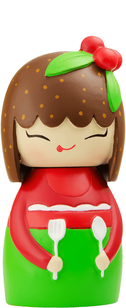 Pudding Momiji doll with brown hair, red top, green skirt, cherries on head, holding fork and spoon. — Momiji Doll