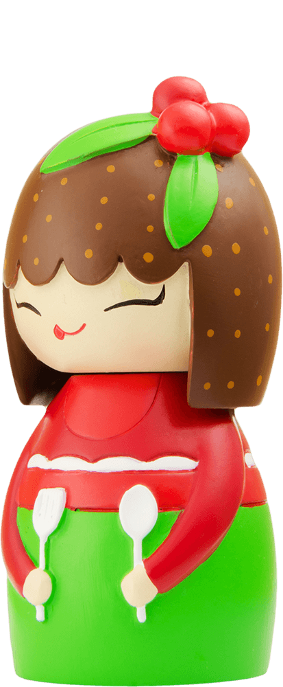 Pudding Momiji doll with brown hair, red and green outfit, holding spoons and a flower. Collectible kawaii figure. — Momiji Doll