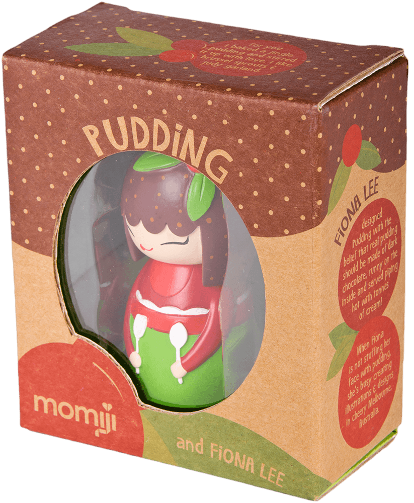Pudding Momiji doll with brown hair, red and green outfit, leaf on head; boxed collectible hiding a secret message inside. — Momiji Doll