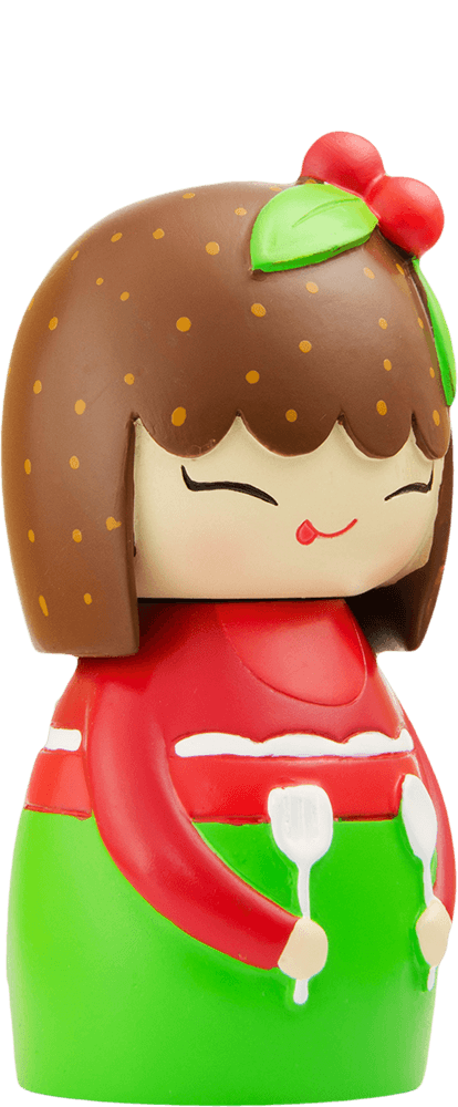 A kawaii Momiji doll named Pudding, smiling with brown hair, green skirt, red top, and holding two white spoons. — Momiji Doll
