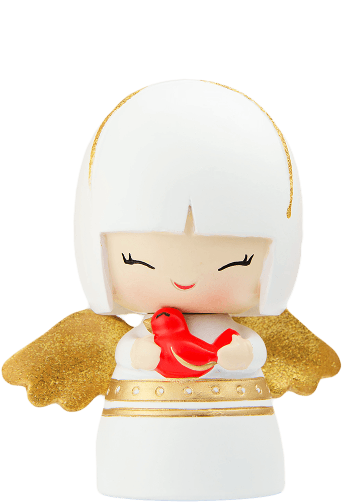 Robin Momiji doll: kawaii angel in a white robe with gold wings, holding a red bird; collectible with hidden message inside. — Momiji Doll