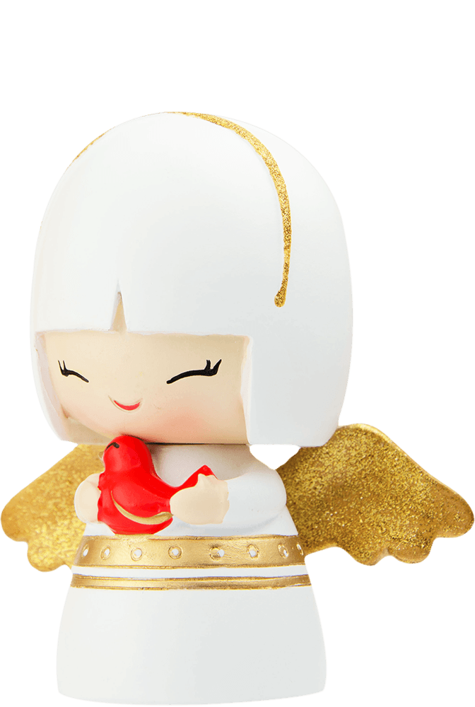 Robin Momiji doll: Smiling character with gold wings, white robe, and a red bird. Cute collectible with hidden message compartment. — Momiji Doll
