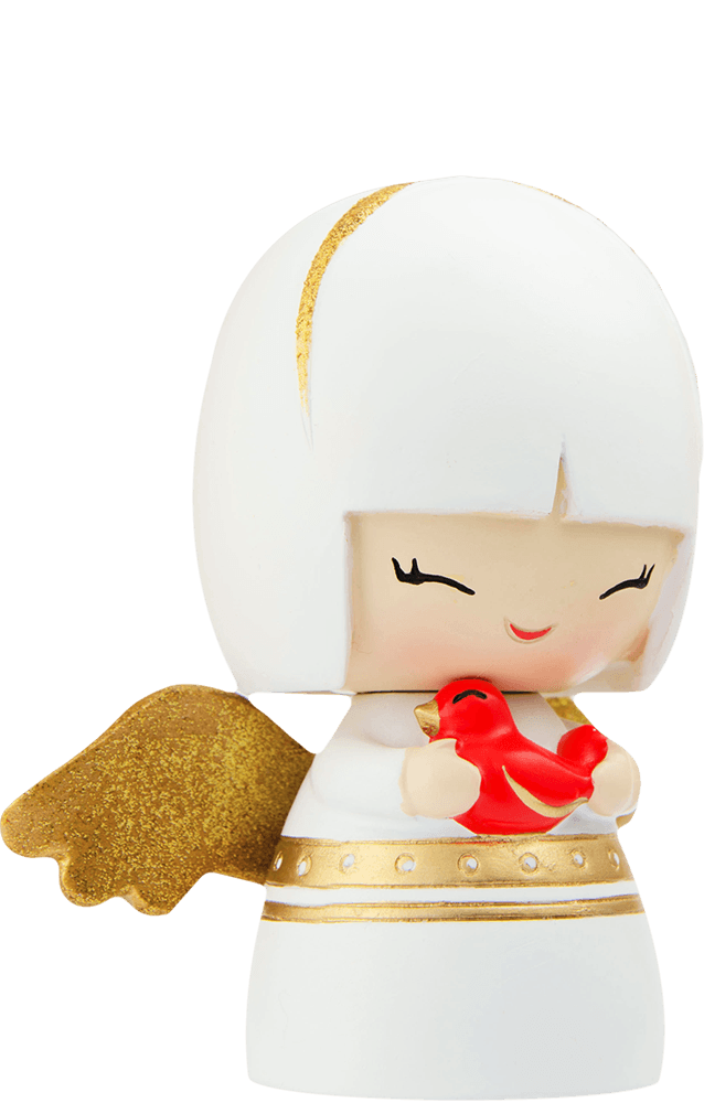 Robin Momiji doll angel with golden wings, white robe, red bird, and closed eyes smiling sweetly. — Momiji Doll
