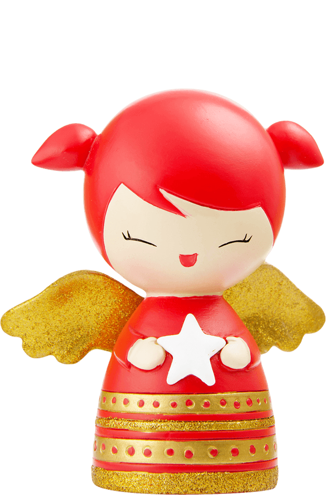 Sparkle Momiji doll: red hair, gold wings, smiling in a red and gold dress, holding a white star. — Momiji Doll