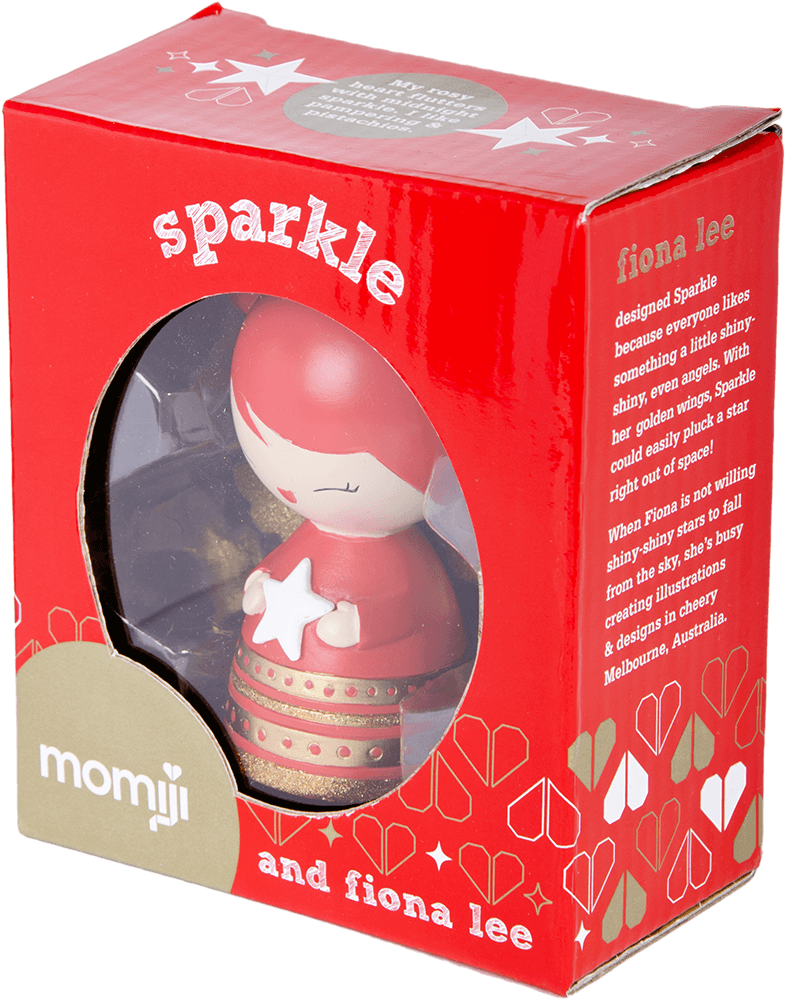 A cute red box holds Sparkle, a Momiji doll with star and gold details, created by Fiona Lee; includes hidden message compartment. — Momiji Doll