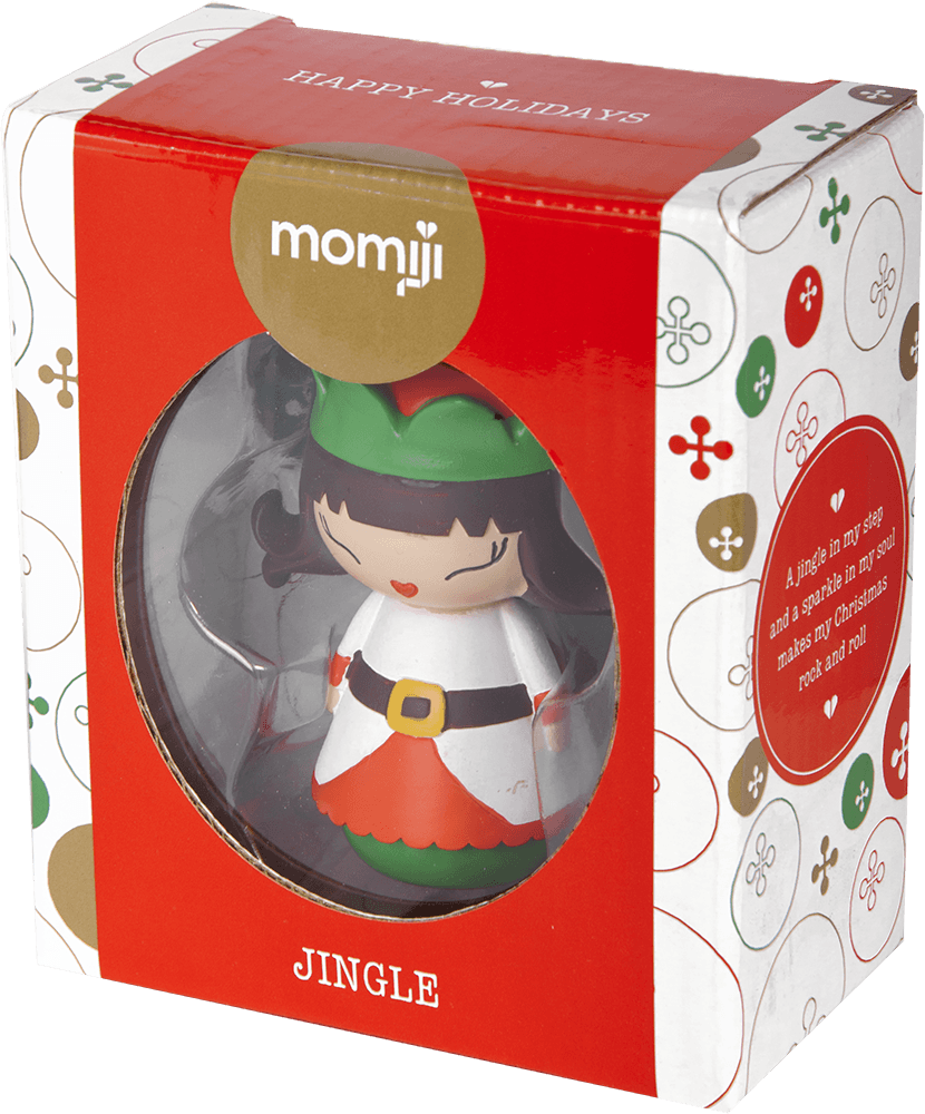 Jingle Momiji doll with elf design in a festive red and white box, Momiji logo, and holiday-themed decorations visible. — Momiji Doll