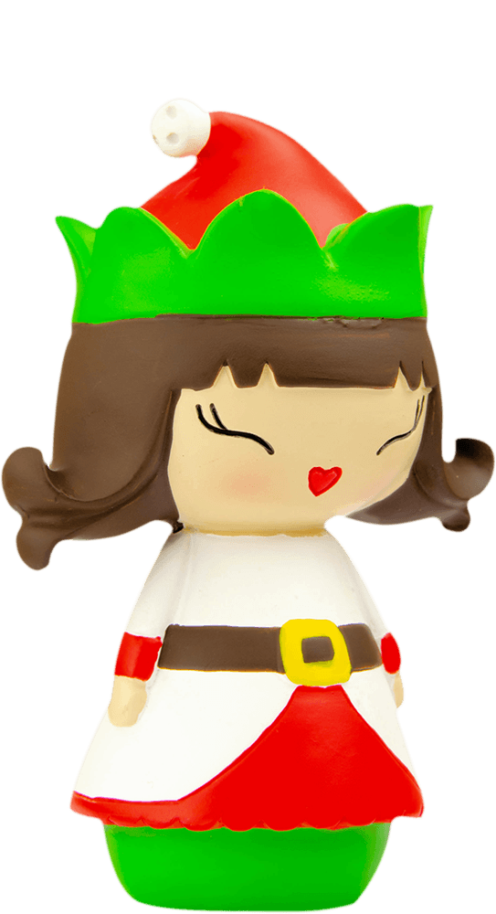 Jingle Momiji doll with brown hair, red and green elf hat, white dress with black and red details. Secret message hidden inside. — Momiji Doll