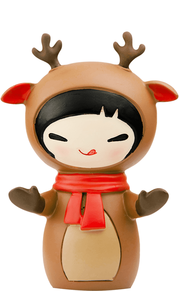 Rudi Momiji doll dressed as a reindeer with antlers and a red scarf; adorable collectible with secret message inside. — Momiji Doll