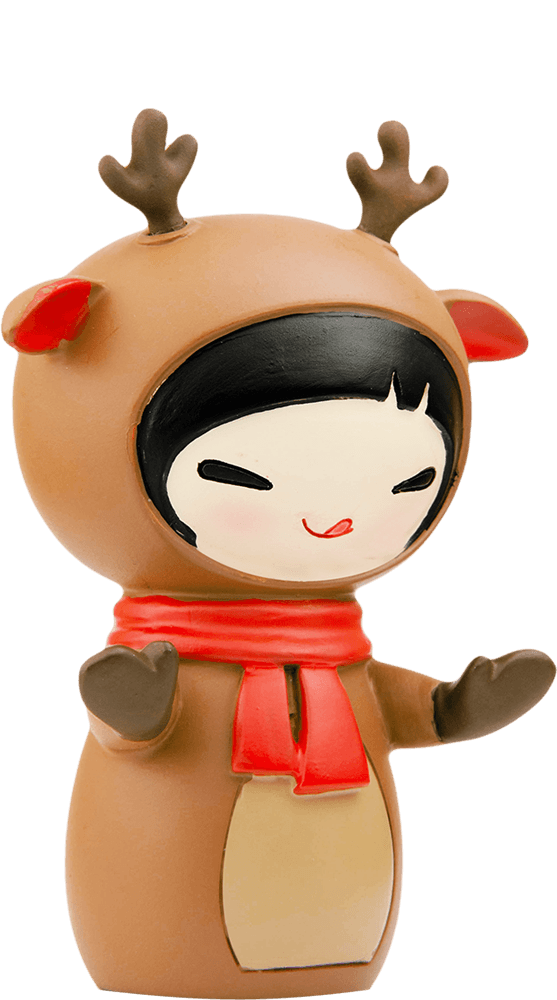 Rudi is a kawaii Momiji doll dressed as a child reindeer with antlers, red scarf, and a smiling face. — Momiji Doll