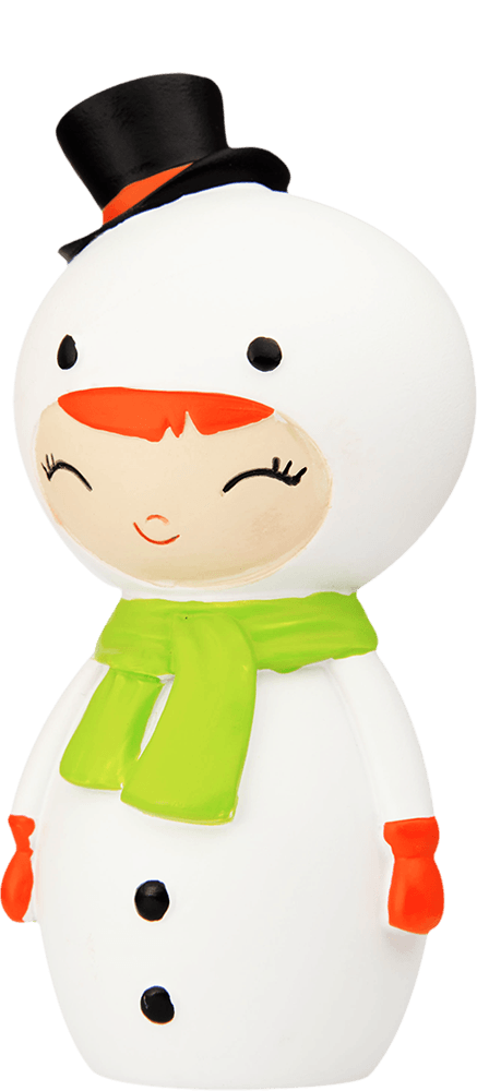 Snowflake Momiji doll with green scarf, black top hat, red mittens, orange nose, and cheerful rosy cheeks. — Momiji Doll