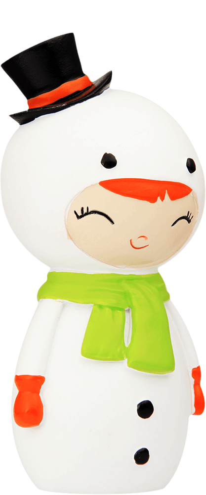 Snowflake Momiji doll with a black hat, green scarf, orange gloves, kawaii smile; collectible with hidden message inside. — Momiji Doll
