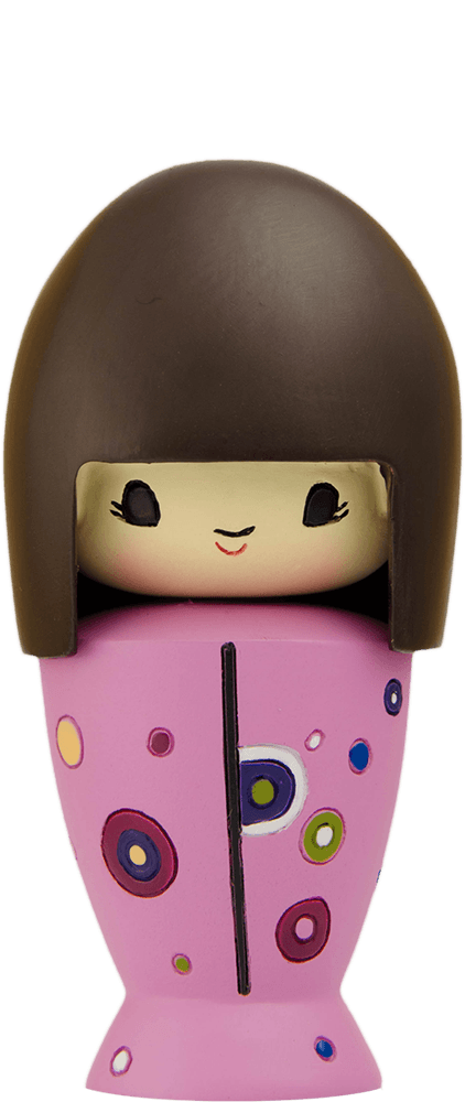 Very Big Birthday" Momiji doll with a brown bob, smiling, in a pink outfit decorated with circles. — Momiji Doll