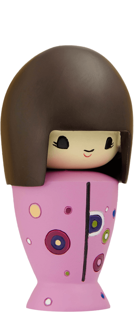 The Very Big Birthday Momiji doll with short brown hair, a pink dress with colorful patterns, and a sweet smiling face. — Momiji Doll