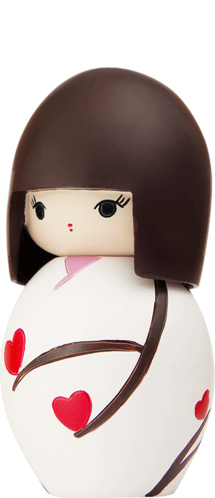 Favourite Person Momiji doll with brown bob, white dress covered in red hearts and branches; a kawaii collectible character. — Momiji Doll