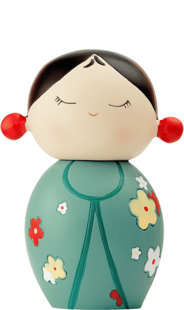 Smiling Momiji doll "Thank You" with red cheeks, green floral dress, and kawaii style. Perfect for gifting and hides a secret note. — Momiji Doll