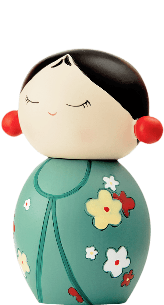 Thank You Momiji doll with black hair, red cheeks, and a teal floral outfit. Cute collectible with a secret message inside. — Momiji Doll