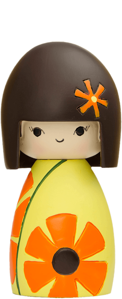 Sister Momiji doll with a brown bob, yellow dress, and orange flower patterns; a kawaii collectible hiding a secret message. — Momiji Doll