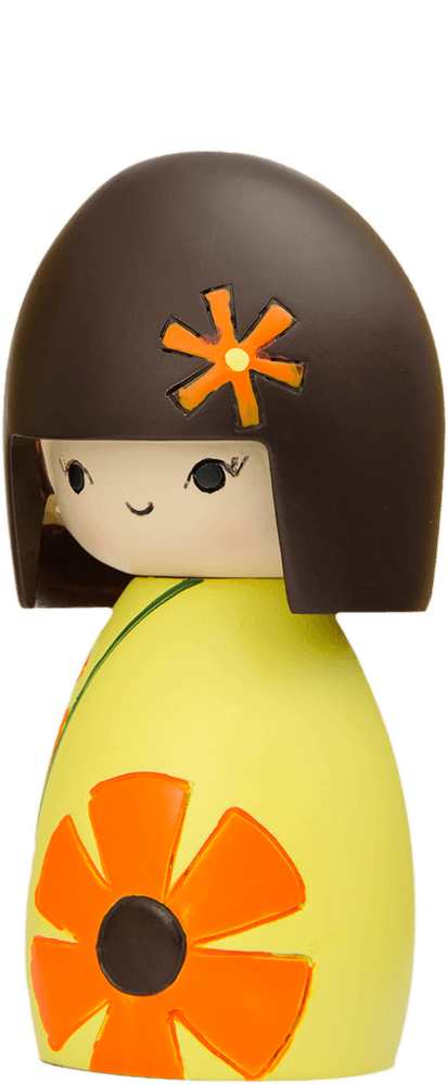 Sister Momiji doll with dark hair, a flower hairpin, and a yellow floral dress. Collectible with hidden message inside. — Momiji Doll