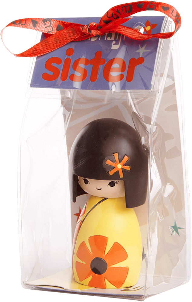 Momiji doll "Sister" with a flower design, displayed in a clear gift box and finished with a red ribbon bow on top. — Momiji Doll