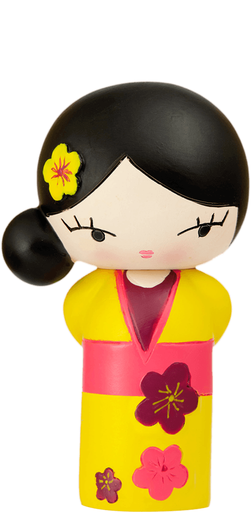 Birthday Girl Momiji doll with black hair, a yellow flower, floral details and hiding a secret message inside. Collectible and cute. — Momiji Doll