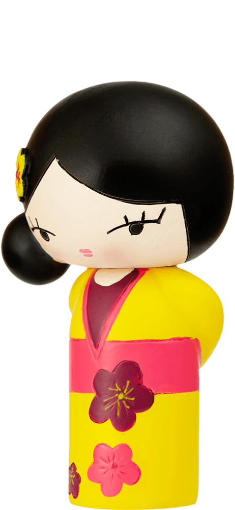 Birthday Girl Momiji doll with black hair, pink floral dress, and sideways pose; kawaii collectible hiding a secret message. — Momiji Doll