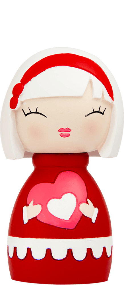 Sister Momiji doll with white hair, red headband, red dress, holding a pink heart carrying a secret message. — Momiji Doll