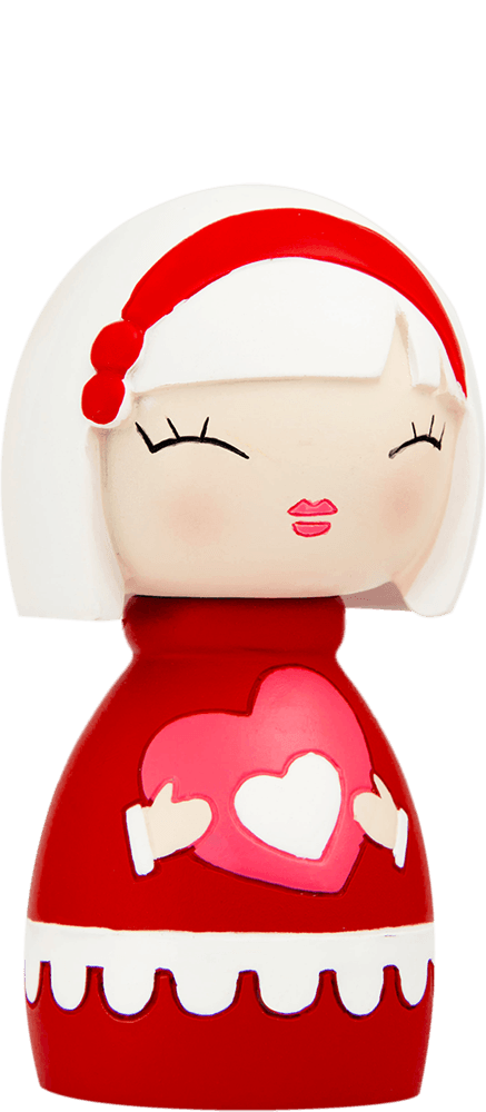 Sister Momiji doll with white hair, red headband and dress, holding a pink heart with a white heart inside. — Momiji Doll