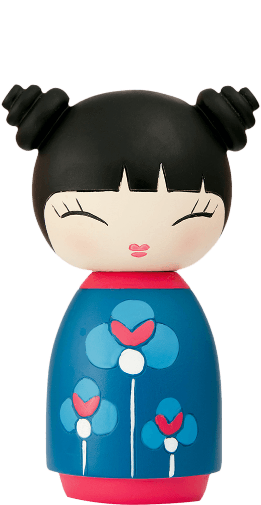 Hurray Momiji doll with black hair in buns, blue dress featuring heart-shaped flower decorations. Collectible vinyl figure. — Momiji Doll