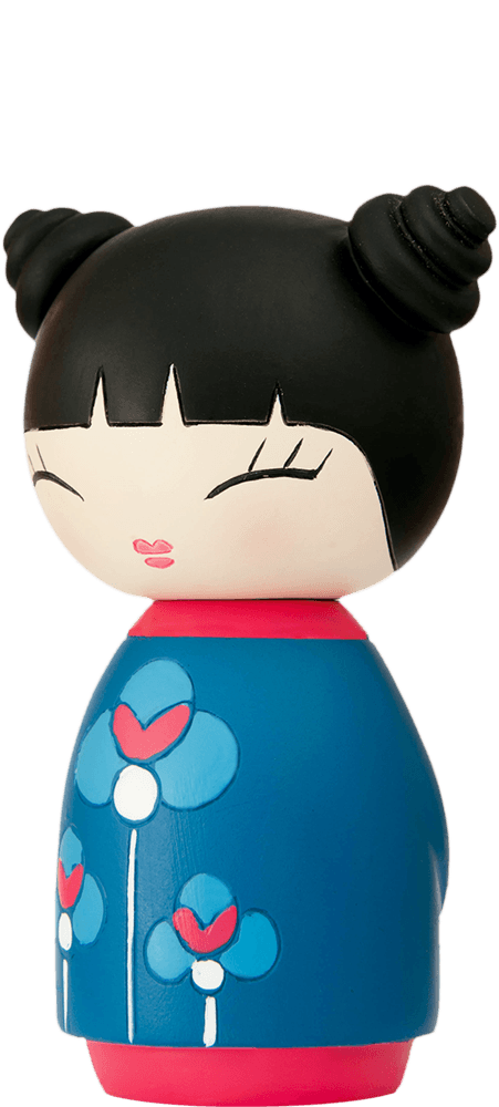 Hurray Momiji doll with black hair in buns, blue floral dress, pink lips; kawaii collectible with a hidden message inside. — Momiji Doll