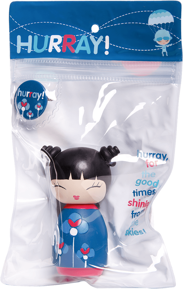 Momiji doll "Hurray" with black hair in buns, blue outfit, in clear packaging with colorful accents. Secret message inside. — Momiji Doll