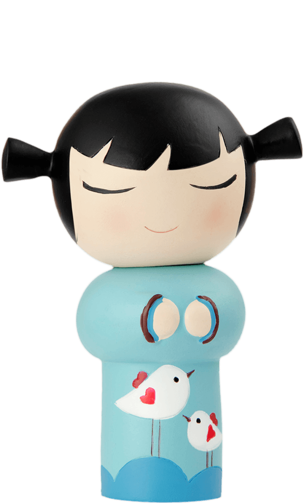 Best Friends Momiji doll with black hair, closed eyes, blue dress, and two white birds; collectible with secret message. — Momiji Doll