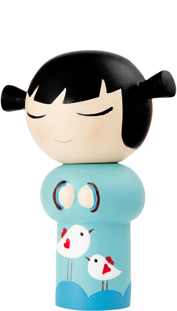 Best Friends Momiji doll with black hair, closed eyes, a blue dress and two white birds. Collectible character design. — Momiji Doll