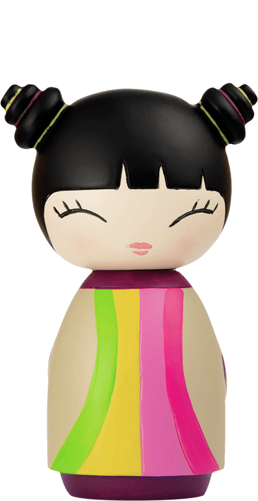 Party Girl Momiji doll with black hair buns, colorful striped outfit, kawaii style, hides a secret message inside. — Momiji Doll