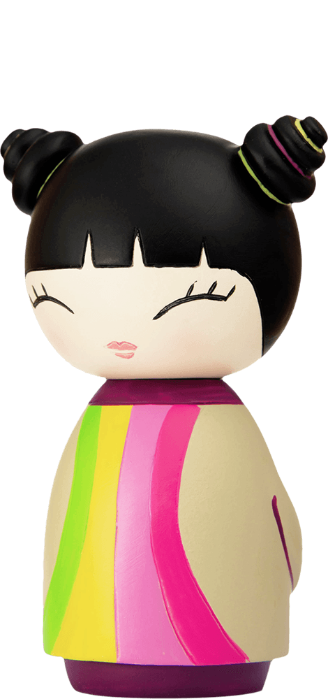 Party Girl Momiji doll with black hair in buns, closed eyes, and a robe striped in green, yellow, and pink. — Momiji Doll
