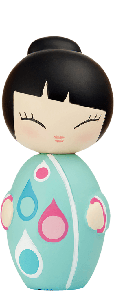 Little Star Momiji doll with black hair, closed eyes, blue outfit and colorful teardrop shapes. Secret message hidden inside. — Momiji Doll