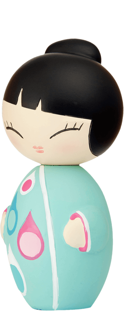 Little Star Momiji doll with black hair in a bun, blue dress with pink and white details; cute collectible character. — Momiji Doll