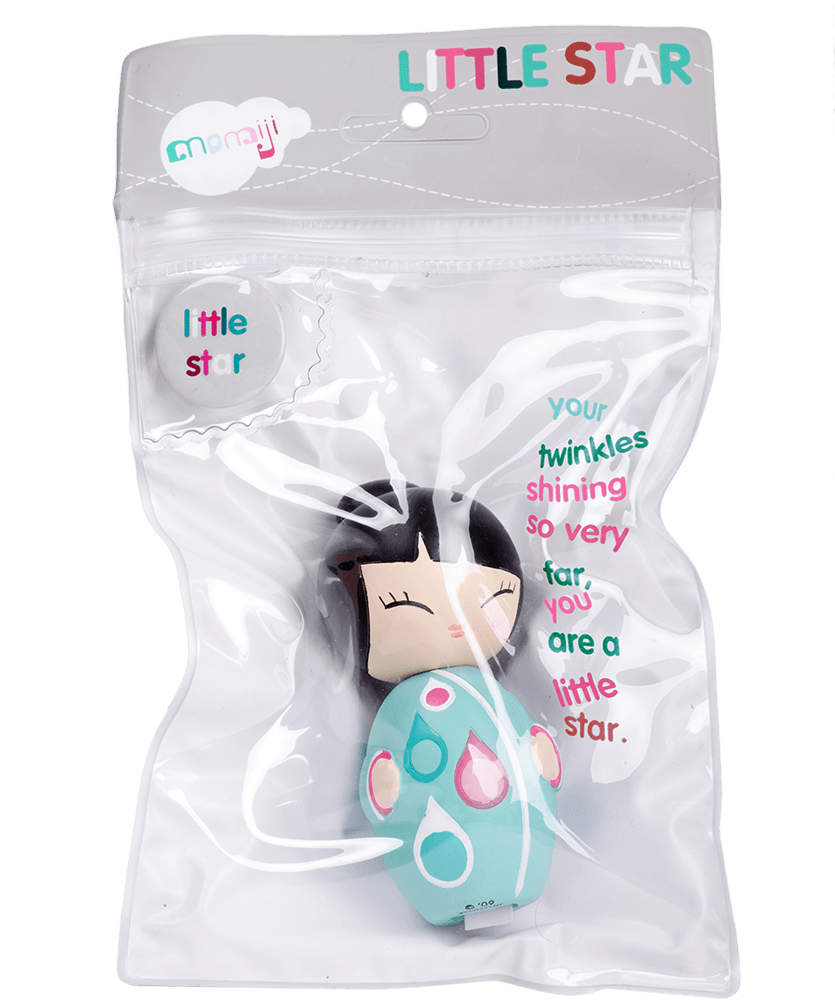 A Little Star Momiji doll in a teal dress with pink spots, displayed in clear packaging. Collectible vinyl Momiji character. — Momiji Doll