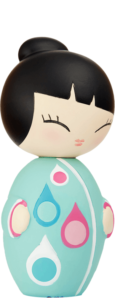 Little Star Momiji doll with black hair in a bun, closed eyes, and a blue robe decorated with bright teardrop shapes. — Momiji Doll