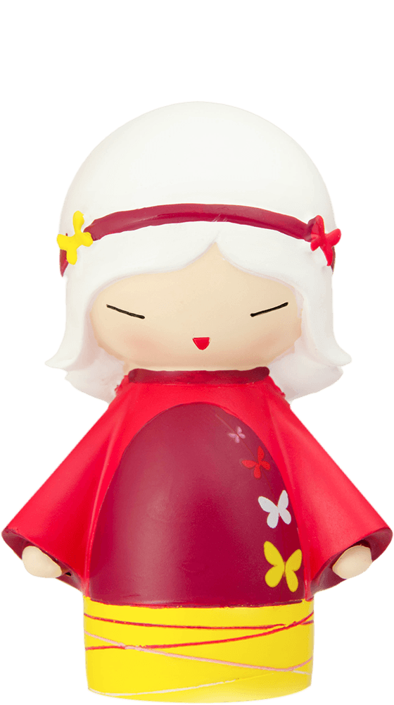 Peace Momiji doll features red and yellow accents, white hair, closed eyes, and butterfly patterns; a kawaii collectible character. — Momiji Doll