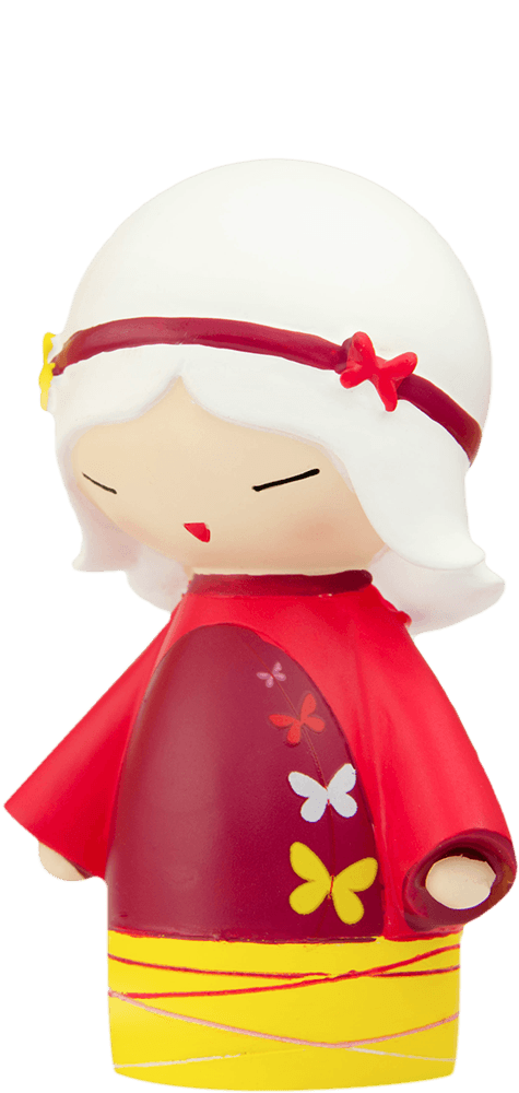 Peace Momiji doll with white hair, red robe with butterfly patterns, closed eyes, and a small red mouth; collectible and kawaii. — Momiji Doll